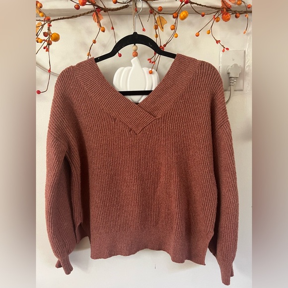 Pink Rose V-Neck Sweater in Warm Brown - Picture 3 of 5